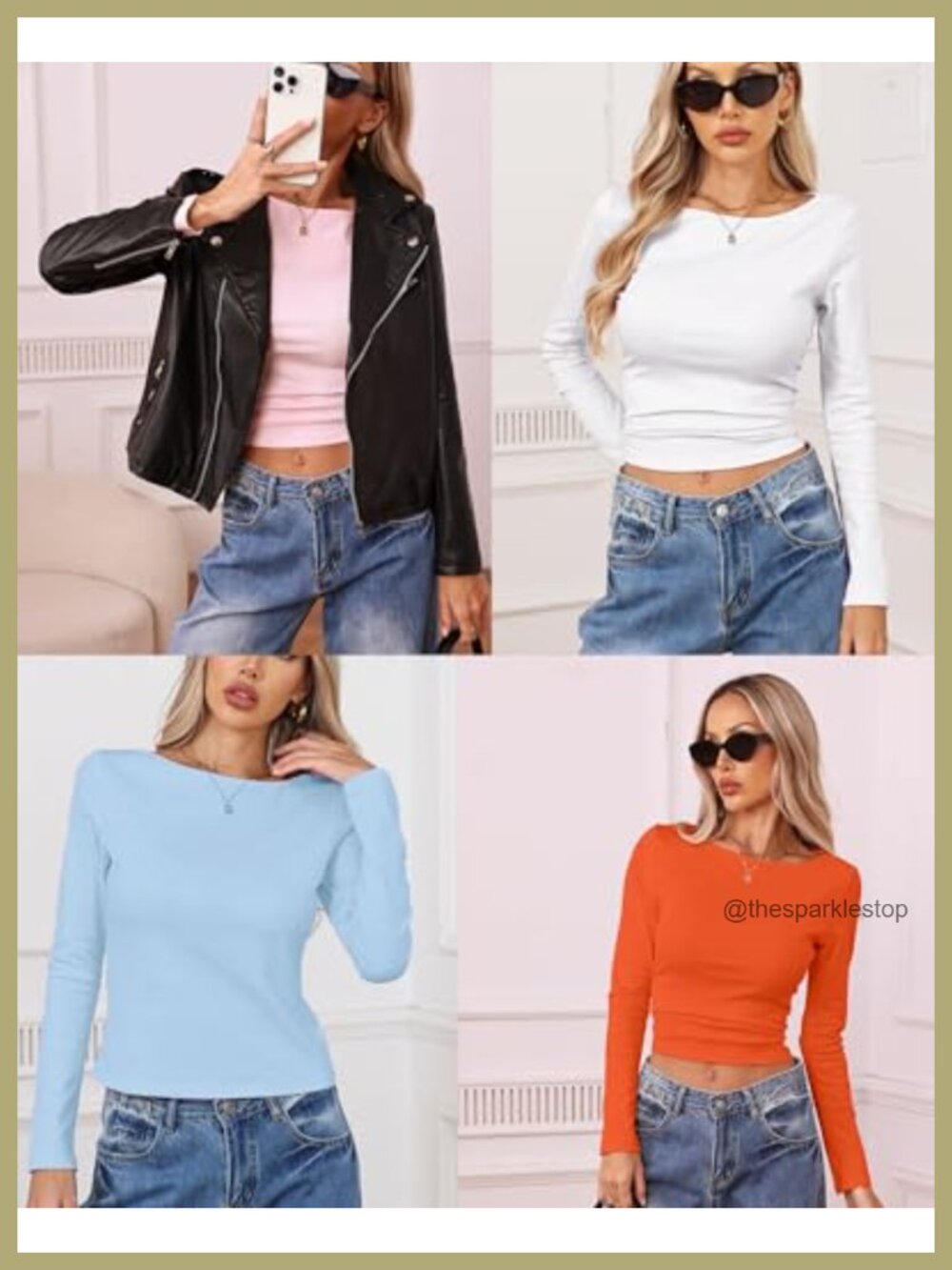 Boat Neck Long Sleeve Crop Top Ribbed Knit Cotton Stretch Tee - Picture 4 of 5